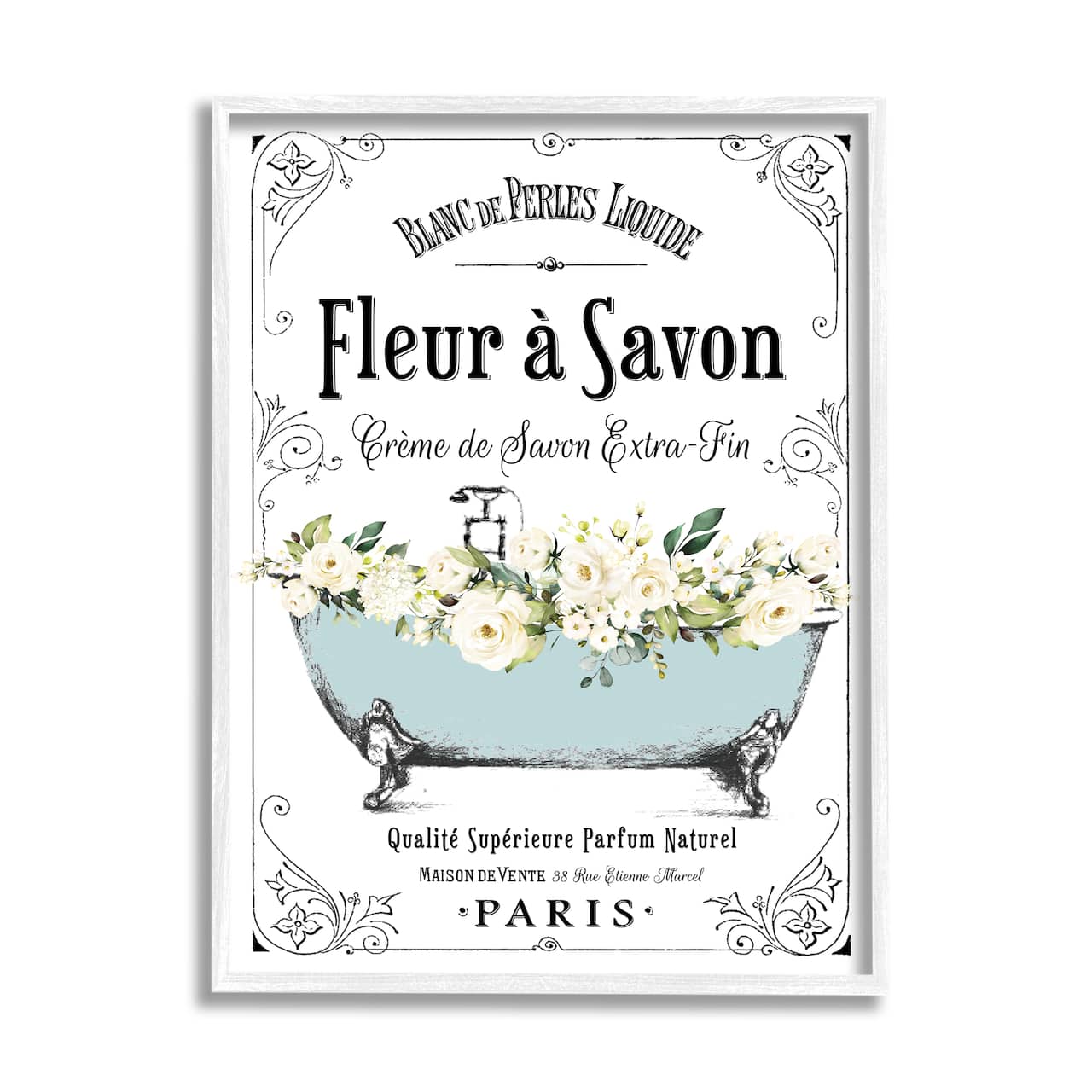Stupell Industries Vintage Parisian Bathroom Advertisement Floral Blue Tub Framed Wall Art